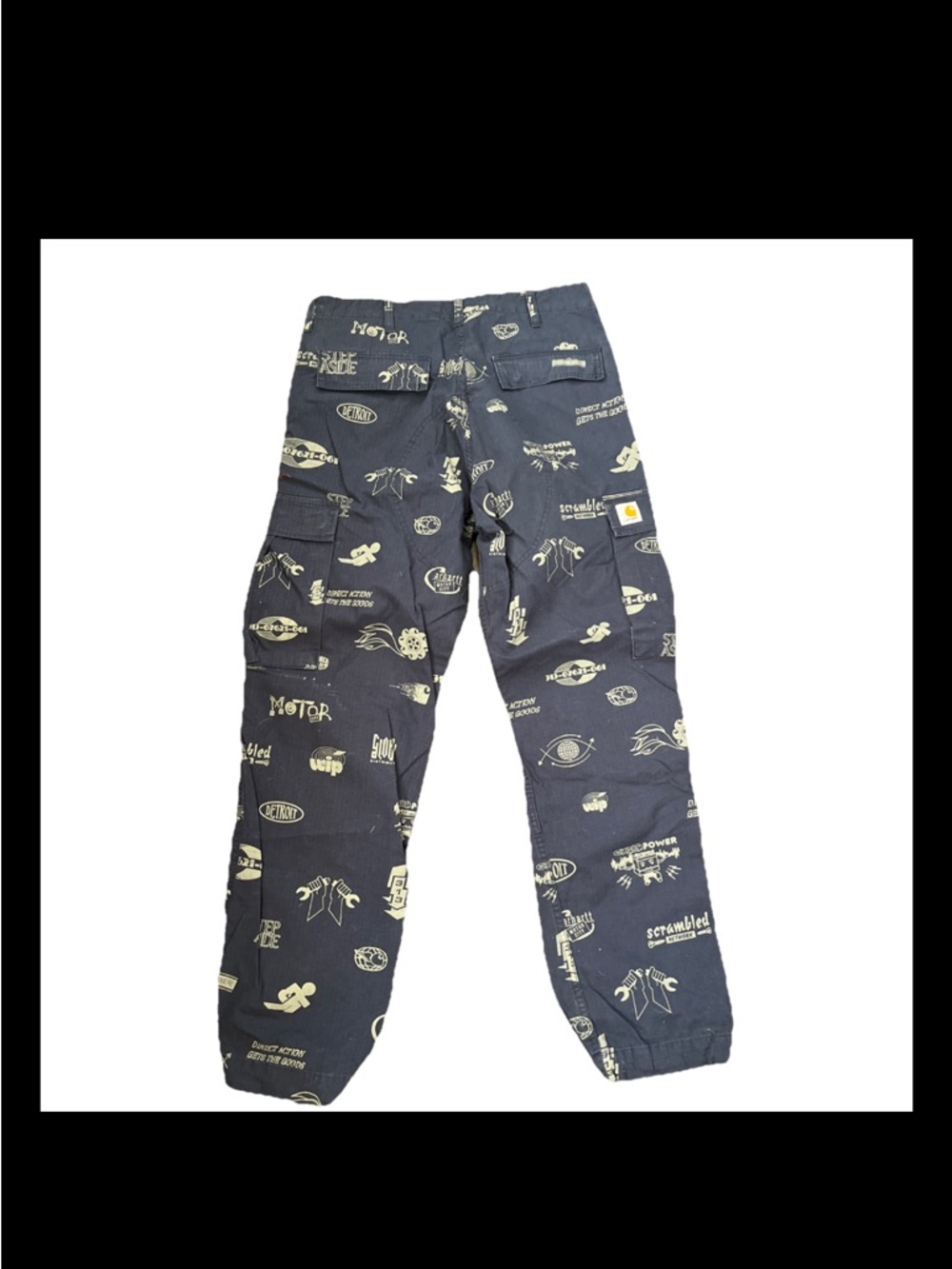 Carhartt WIP Navy Cargo Pants with Cream Graphic Motifs Men’s 32X32